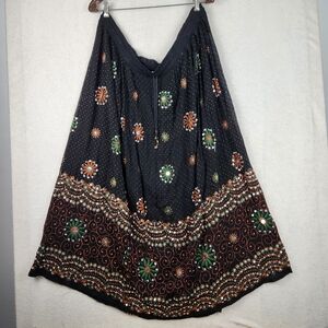 Women's OS Black Boho Indie Western Sequin Below Knee Adjustable Waist Skirt